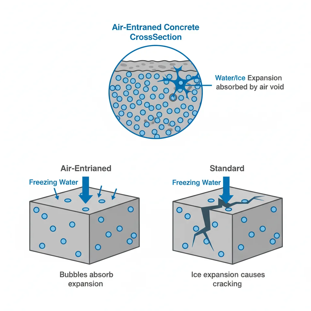 Air-entrained concrete cross section diagram showing microscopic bubbles providing freeze-thaw protection