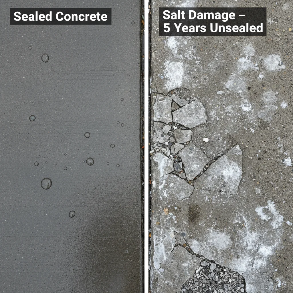 Before and after comparison: new sealed concrete vs. salt and freeze-thaw damaged concrete with spalling