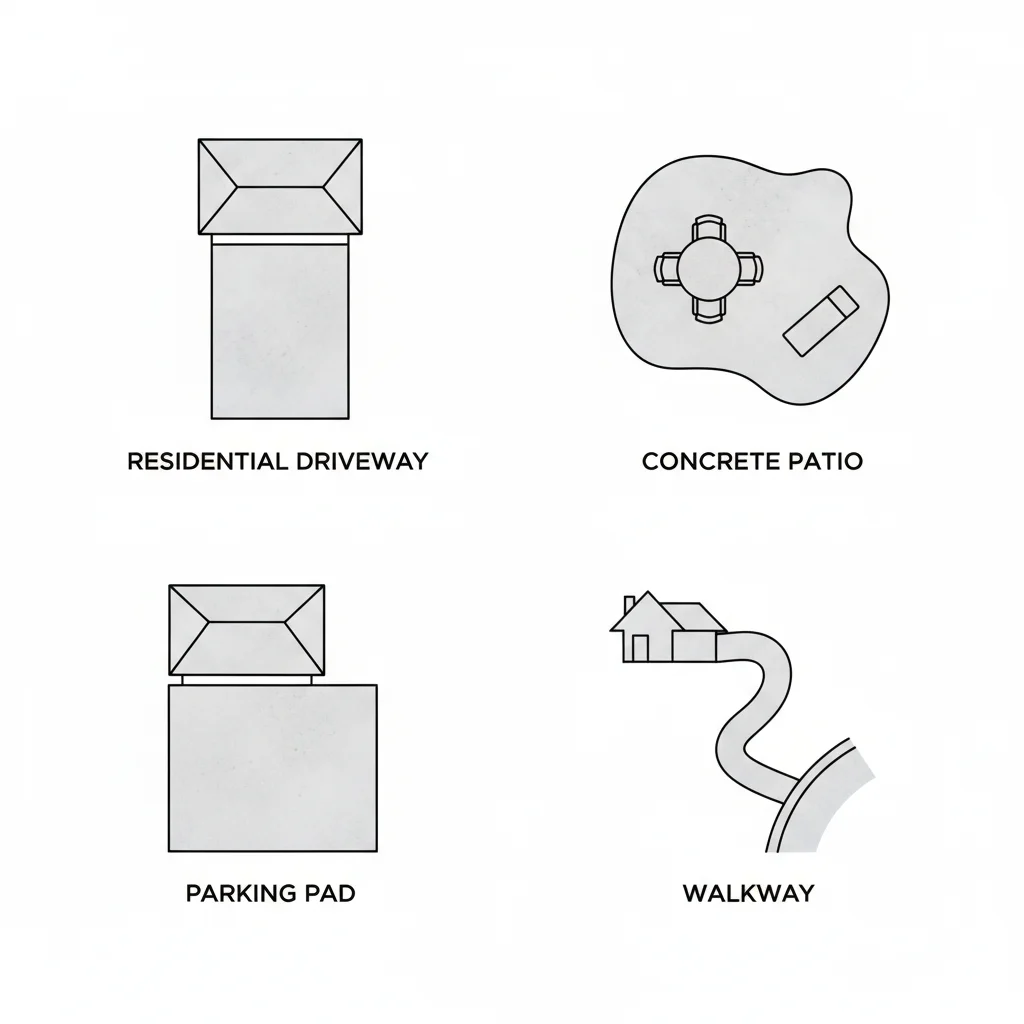 Four flatwork project types: driveway, patio, parking pad, walkway overhead views
